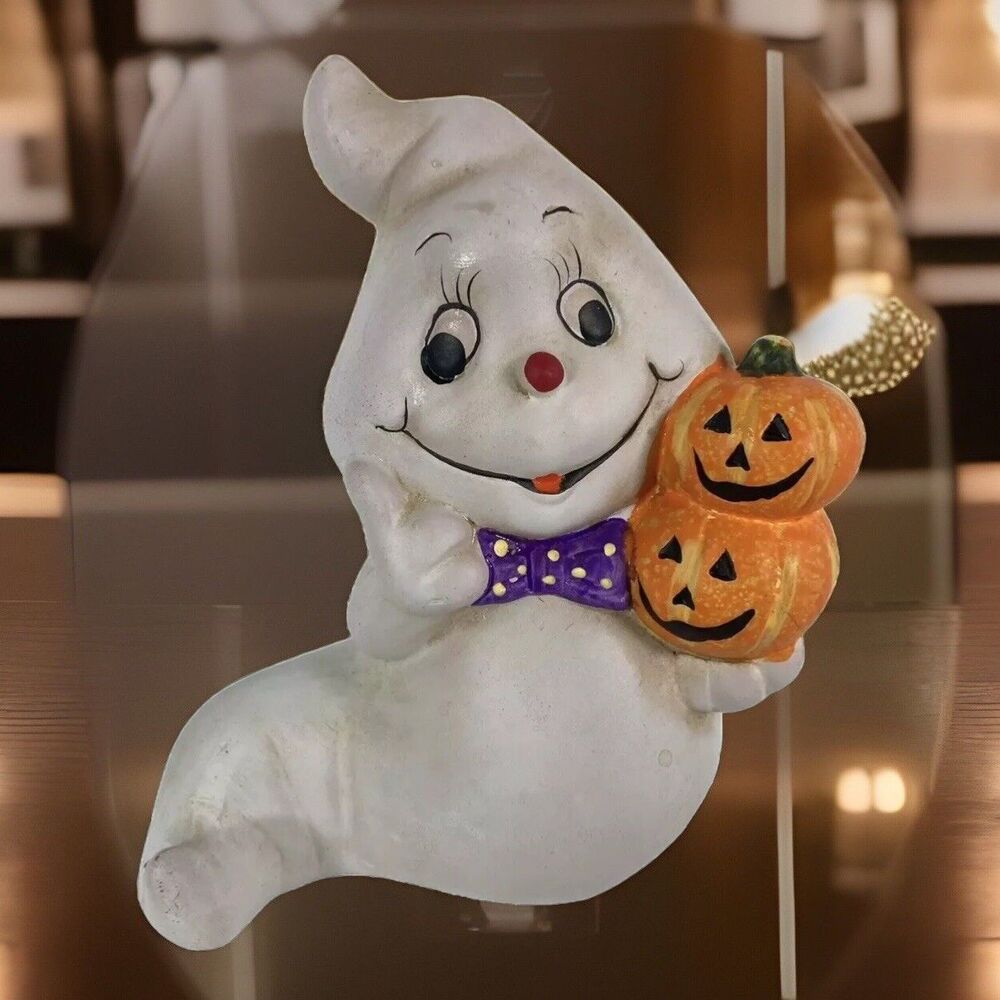 White Ghost w Pumpkin Ceramic Halloween Figurine Trick Or Treat Autumn Fall Vtg